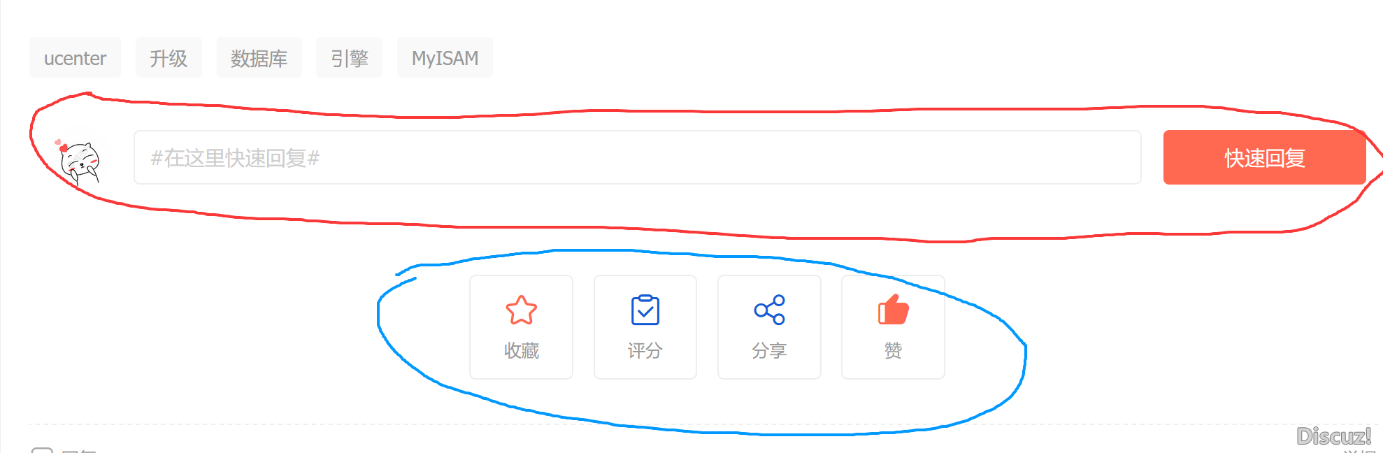 如图所示，帖子下方的这个快速回复是在哪设置开启？还有下面的收藏，评分和赞怎么打开？